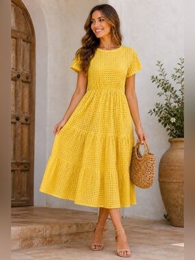 Valentina Naldi Made Italy Yellow Eyelet Midi Dress 100% Cotton L Resort Boho A9